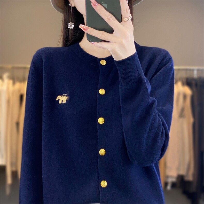 2024秋冬新款羊毛女士圆领纽扣羊毛开衫,女装羊毛衫,润辉羊绒