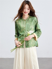 在仓~薄款人丝提花圆领盘扣插肩袖上衣轻薄外套透气时尚潮流外套，女装短外套，新依时派