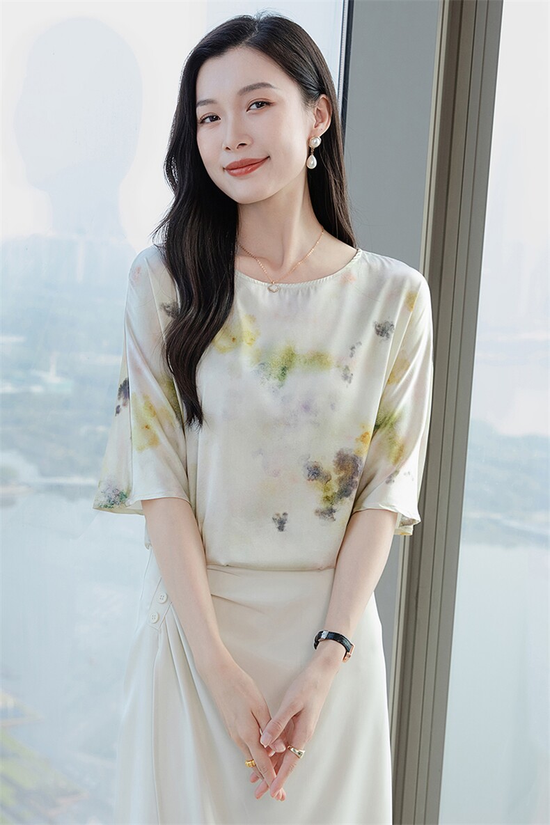 圆领印花真丝上衣女五分袖2026装短袖T恤半袖妈妈装真丝小衫,女装衬衫,阿舍尔精品