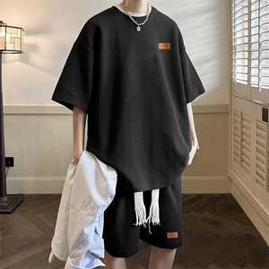 黑色麂皮绒t恤男短袖夏季美式潮牌高街上衣重磅半截袖青少年体恤
