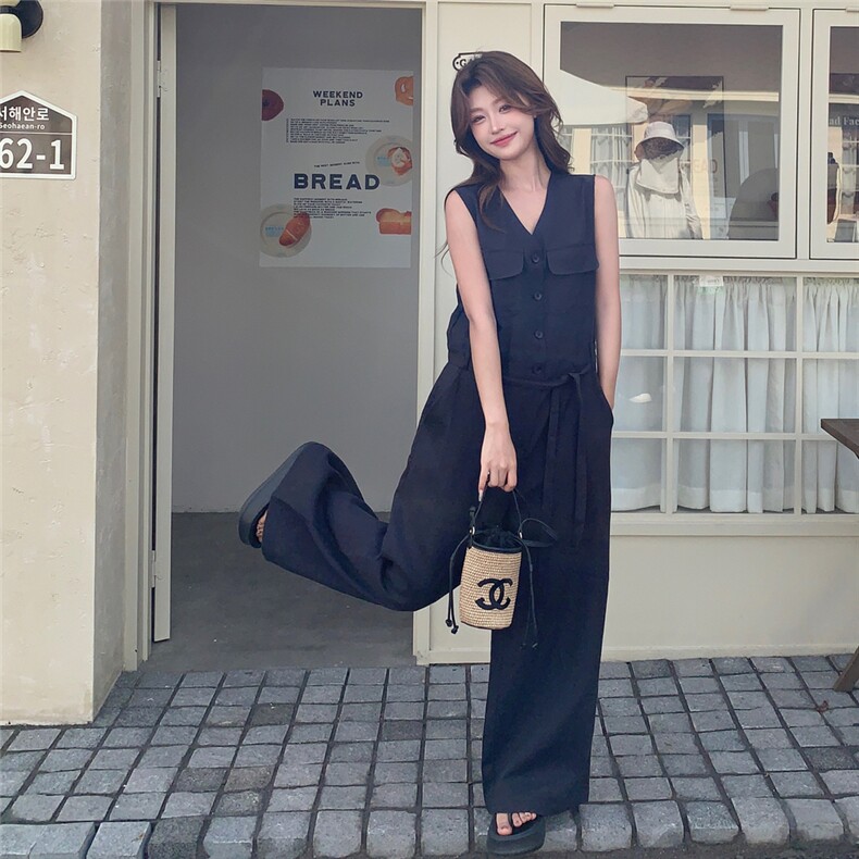 老钱风复古休闲无袖连体裤女夏新款高级感气质显瘦轻薄牛仔阔腿裤,女装套装/套裙,2C057