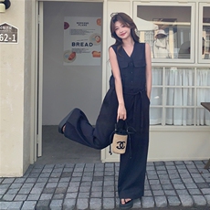 老钱风复古休闲无袖连体裤女夏新款高级感气质显瘦轻薄牛仔阔腿裤，女装套装/套裙，2C057