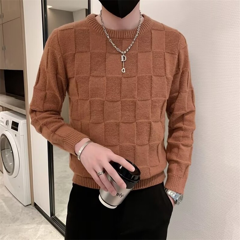 圆领纯色棋盘格子毛衣男生修身慵懒风毛衫线衣打底针织衫S517,男装针织衫/毛衣,星座1116A-2（原606A-1）