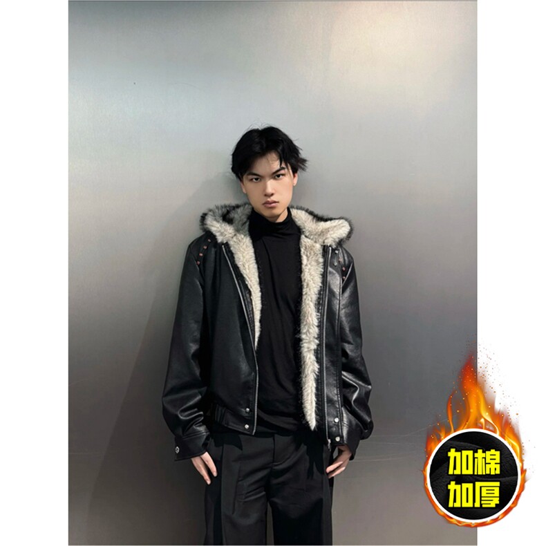 现货冬季美式潮牌痞帅PU皮机车服棉衣毛毛绒狼王座山雕皮棉服，男装棉衣，电商A486