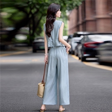 现货。老钱风薄料亚麻阔腿裤两件套2025新款时尚气质无袖马甲套装，女装套装/套裙，E百度