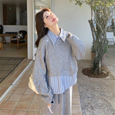 新款年后出条纹拼接卫衣套装5531P175K288，女装套装/套裙，2C176
