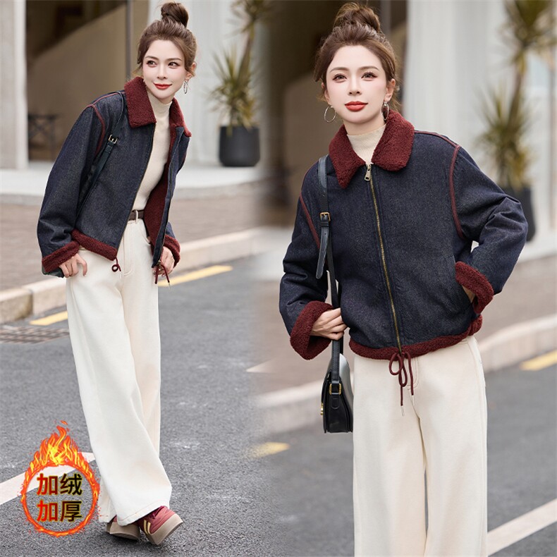 时尚拼接翻领加绒牛仔短外套女2024冬季新款小个子休闲仿羊羔毛棉服,女装牛仔外套,江南女神