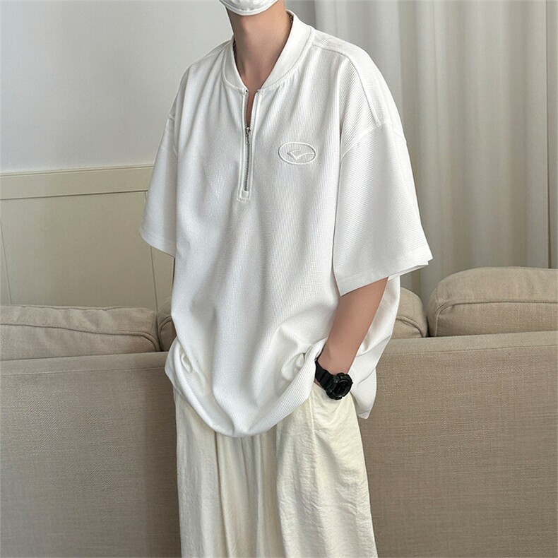 现货-夏季新品半拉链华夫格短袖男潮牌百搭宽松T恤-AT23008-P55,男装T恤,电商A351