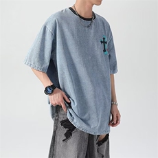 美式复古做旧牛仔短袖t恤男女2026夏季新款宽松情侣体恤ST214-P55，男装T恤，星座412