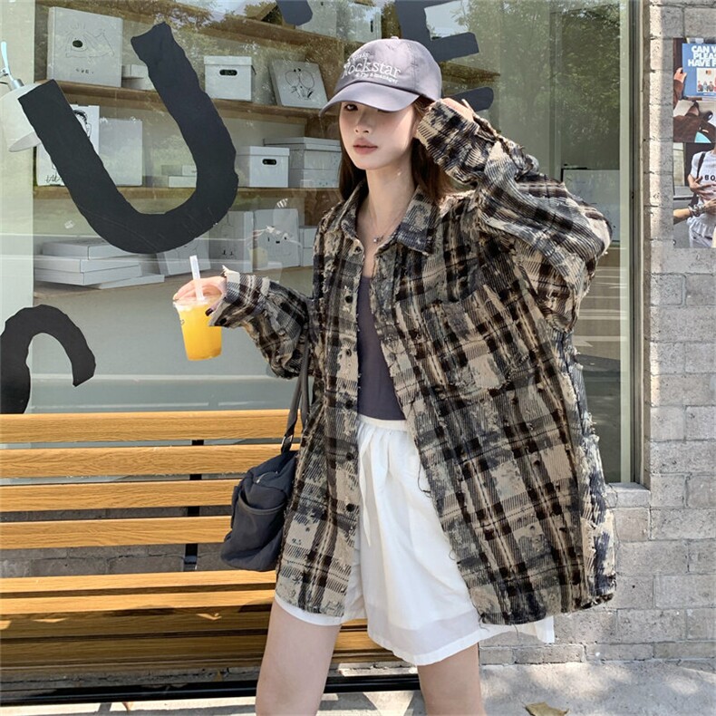 A504-P100卡玛重工扎染格子衬衫季男女复古做旧水洗宽松外套,男装夹克,星座911