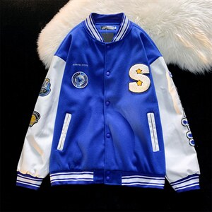 克莱因蓝棒球服春秋新款2022美式情侣毛巾绣外套夹克潮 W2691-P65图片