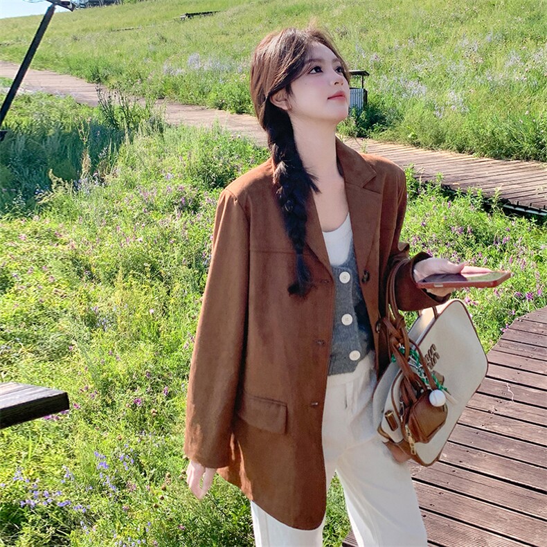 美拉德复古麂皮绒西装外套女2025春秋季新款气质小个子休闲小西服,女装西装,2C087