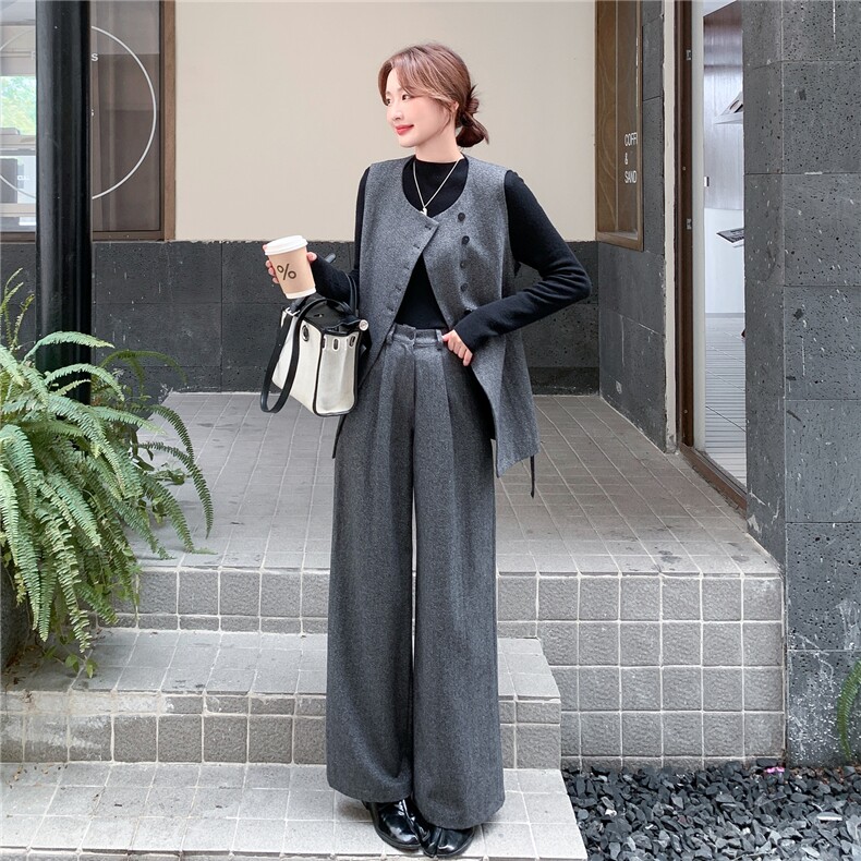 韩系灰色西装马甲两件套女2025春秋季新款高级感显瘦阔腿长裤套装,女装套装/套裙,2B219