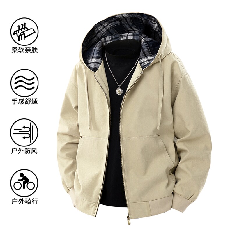 新款硬汉风户外纯棉夹克男连帽纯色上衣外套A157B-J2517-特P85，男装夹克，电商A157B
