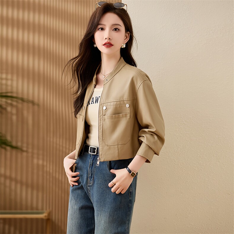 现货复古短款皮衣外套女2024春秋新款PU皮机车服秋季女式皮夹克,女装皮衣,江南女神