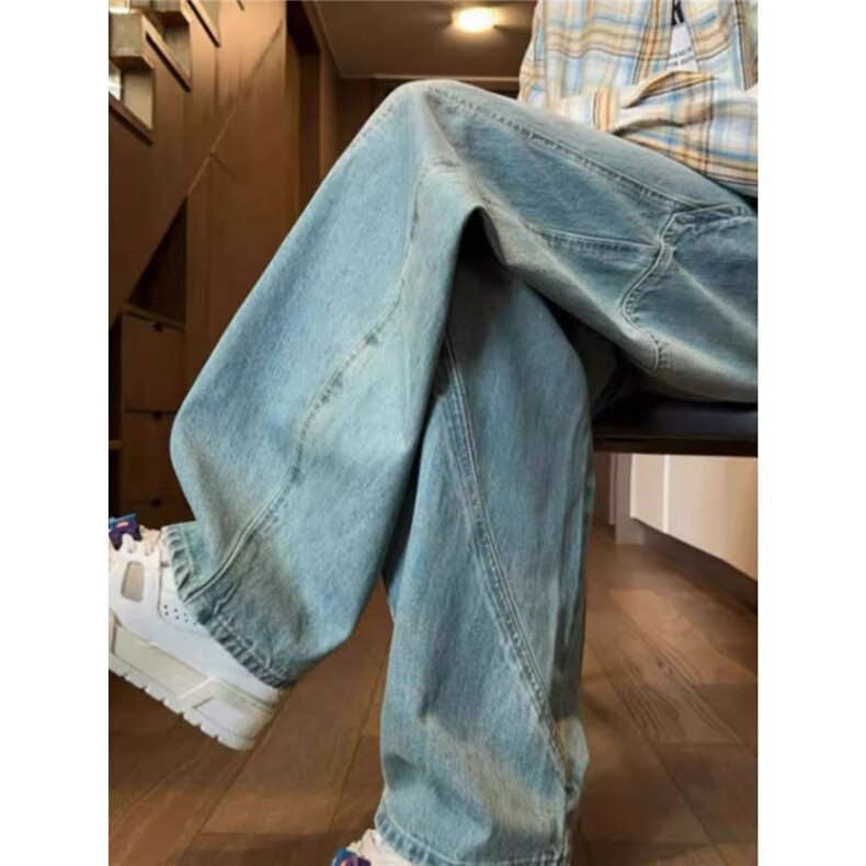 弯刀牛仔裤男夏季青少年潮牌美式阔腿裤子宽松直筒水洗秋季工装裤,男装牛仔裤,星座1210-1