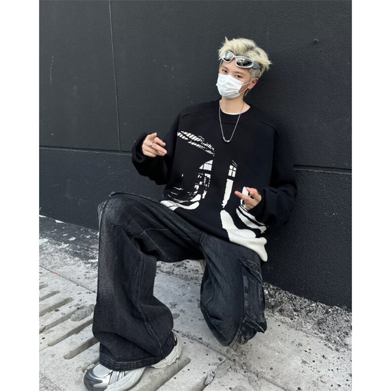 秋冬新款抽象图案圆领套头新款小众复古宽松慵懒针织衫M6030-P50,男装针织衫/毛衣,星座1109-3