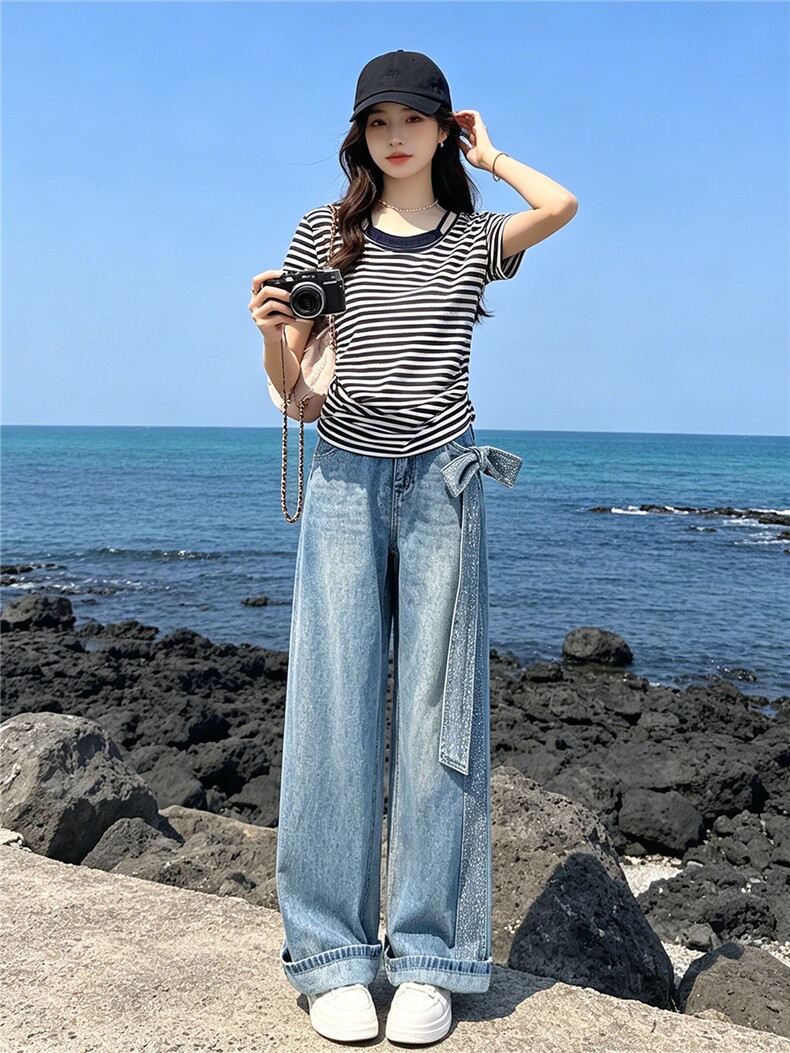 慵懒风时尚休闲套装女夏季新款圆领条纹短袖上衣烫钻牛仔裤两件套,女装套装/套裙,江南