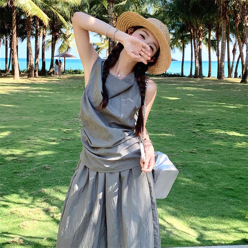 新款欧货无袖背心+高腰松紧灯笼裤2025夏季套装P155K235,女装套装/套裙,1D066-1