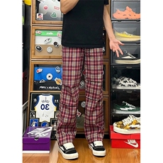 红色格子裤男款褶皱vibe微喇格纹裤子垂感阔腿直筒裤KX48，男装休闲裤，星座1116A（原606A-3）