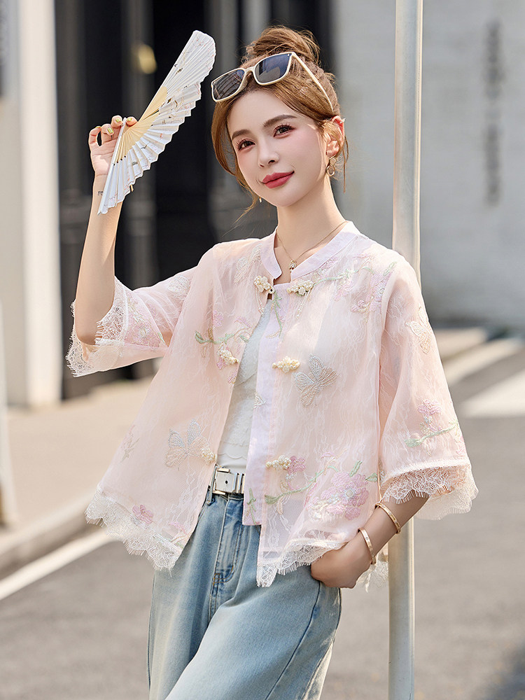 蕾丝拼接重工刺绣防晒衣女2025夏季新款洋气立领盘扣中袖轻薄外套,女装短外套,妙形