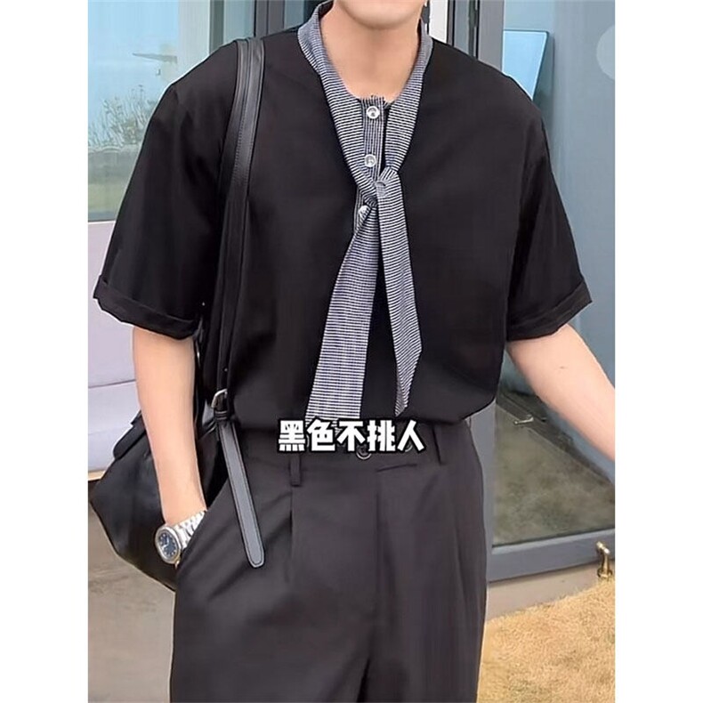 飘带丝巾领设计短袖T恤男夏季韩系chic穿搭半袖体恤T3683-特价P40,男装T恤,电商A007