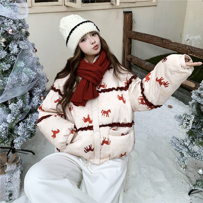 马上有钱羽绒服女冬新年战袍外套红色小马撞色2025年冬季新款刺绣,女装羽绒服,艾米莉亚