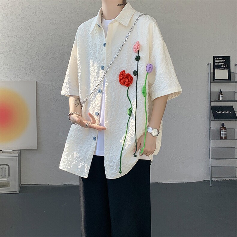 夏季法式小众肌理感衬衫短袖原创立体花朵衬衣多巴胺外套男CS531，男装衬衫，电商D206-1
