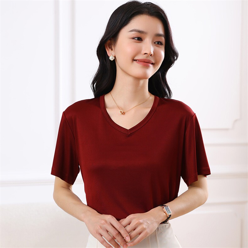 2025夏日本进口高级三醋酸圆领T恤女宽松显瘦V短袖真丝气质上衣,女装T恤,伊绒腾羊绒