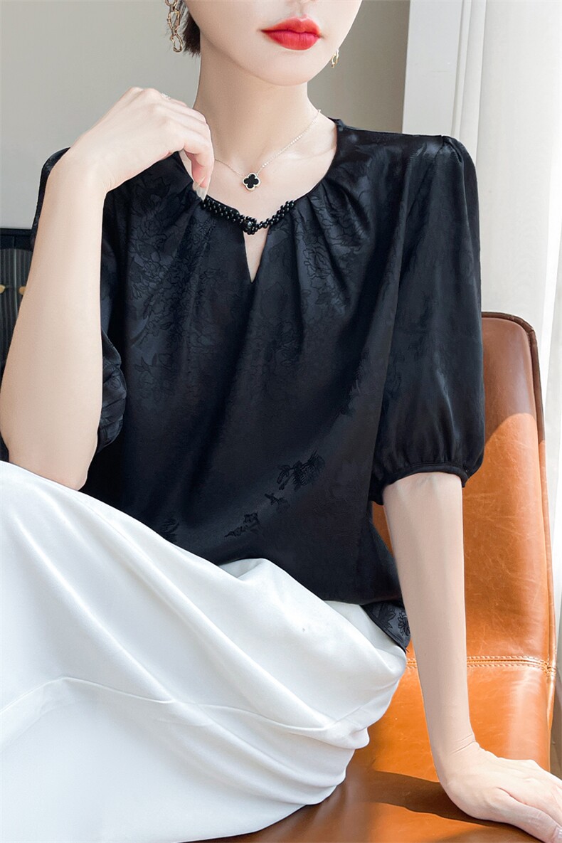 时尚高级感提花短袖t恤女2025夏季新款纯色薄款洋气显瘦女装上衣,女装T恤,羊特美羊绒