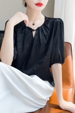 时尚高级感提花短袖t恤女2025夏季新款纯色薄款洋气显瘦女装上衣，女装T恤，羊特美羊绒