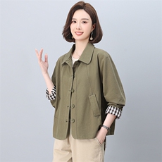中年妈妈纯棉风衣外套女短款2025春秋新款小个子宽松大码夹克上衣，女装短外套，忆绮罗