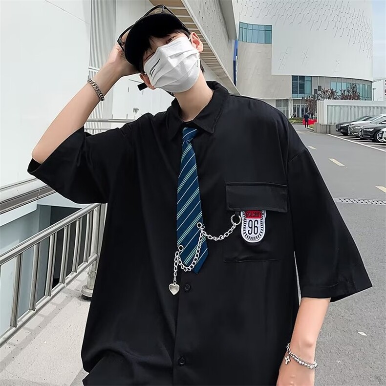日系潮流青春原宿ins七分袖衬衣男春季新款衬衫配领带W7271-P36,男装衬衫,星座512-2