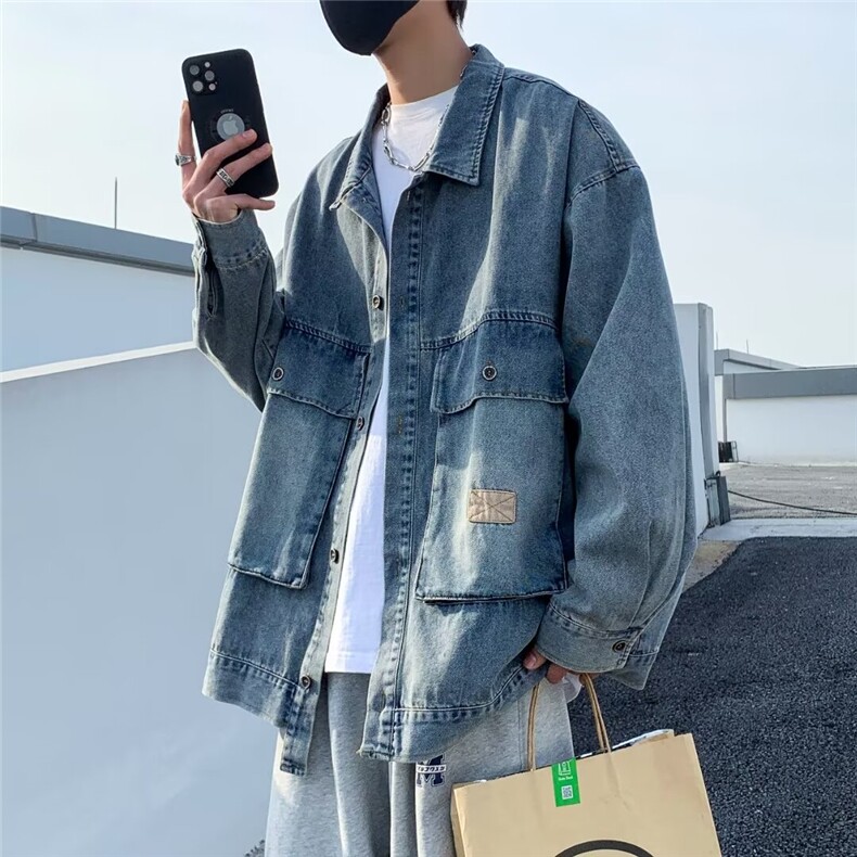 新款复古翻领水洗做旧牛仔夹克休闲宽松落肩男生外套图片