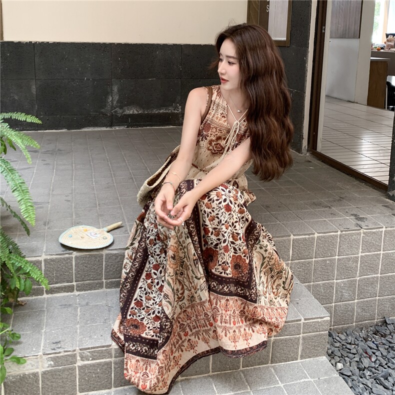波西米亚风印花背心连衣裙女2025夏季新款超火流行宽松度假风长裙,女装连衣裙,2C051