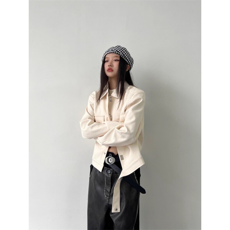 春秋休闲宽松慵懒小众设计感金属钮扣装饰大口袋短款夹克外套女,男装夹克,星座506A