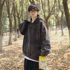 水洗牛仔卫衣外套男连帽秋季日系宽松套头夹克上衣服WY008P65，男装卫衣，星座410-2