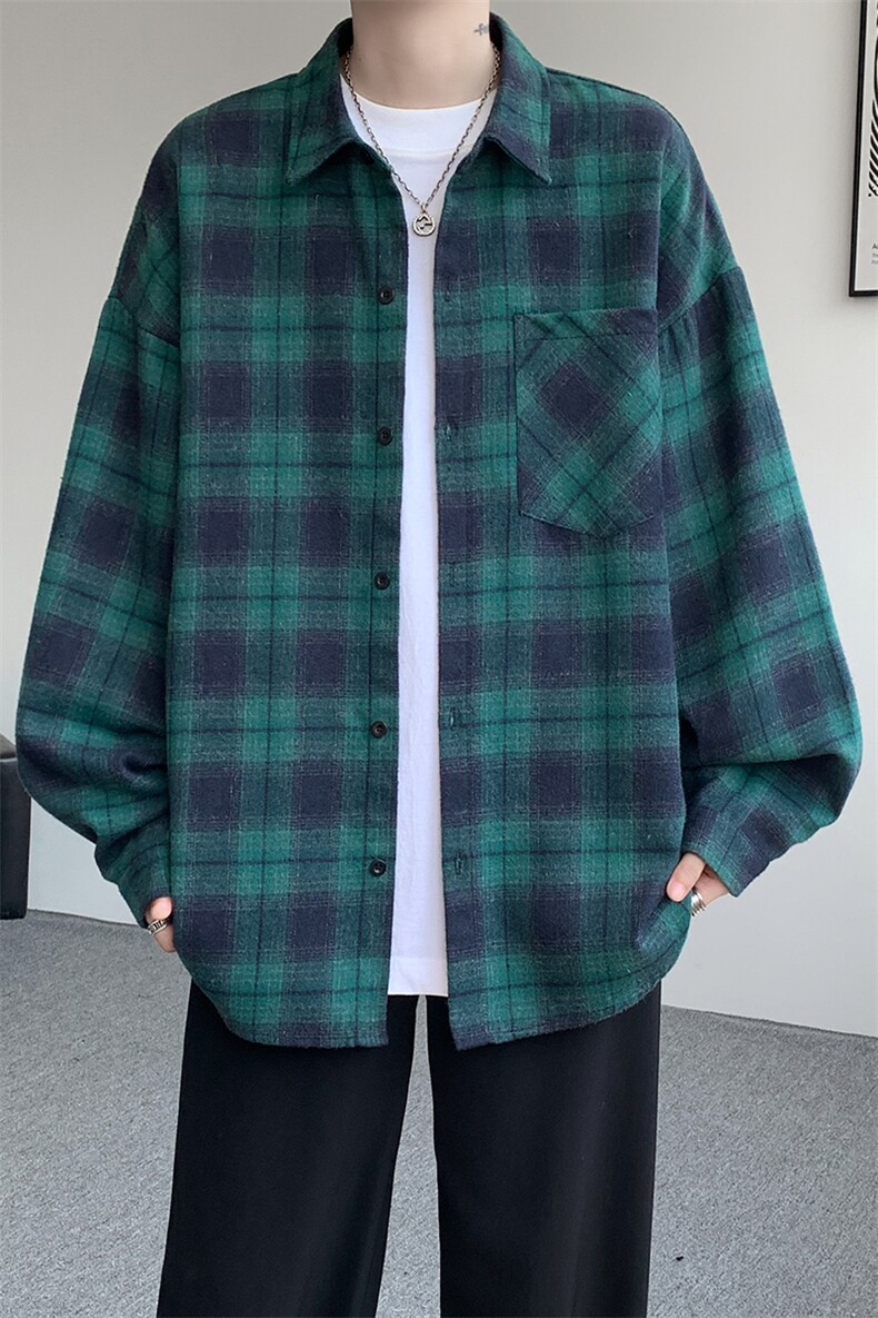 衬衫男秋季新款港风宽松大码磨毛格子长袖衬衣CS6638-特P29,男装衬衫,星座214-3
