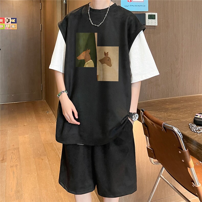 直播美式麂皮绒宽松背心无袖t恤短裤大码两件套套装TZ106-P58,男装T恤,电商A486