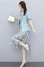 2023夏季新款简约时尚休闲西装外套+圆领花色连衣裙两件套，女装套装/套裙，然然