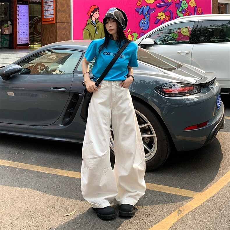 2025夏季新款美式复古水洗宽松直筒牛仔裤女百搭垂感阔腿裤子图片