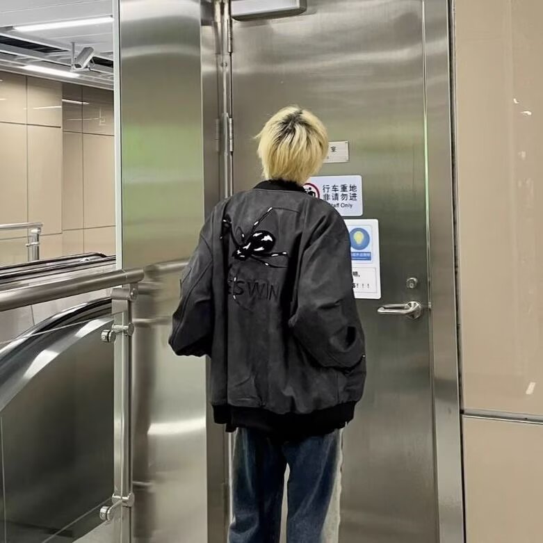 美式蜘蛛刺绣PU皮飞行员夹克男女春季新款复古做旧皮衣棒球服外套,男装皮衣,星座506A