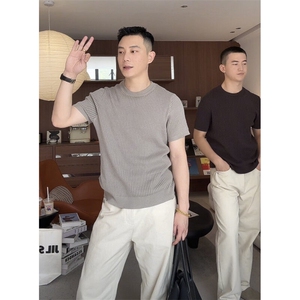 复古坑条纹针织透气轻柔休闲百搭打底纯色短袖上衣9615/P45图片