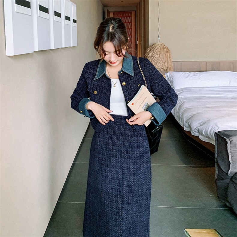 气质高级感通勤穿搭灯芯绒套装女秋2024新款小香风西装长裙两件套,女装套装/套裙,2C316