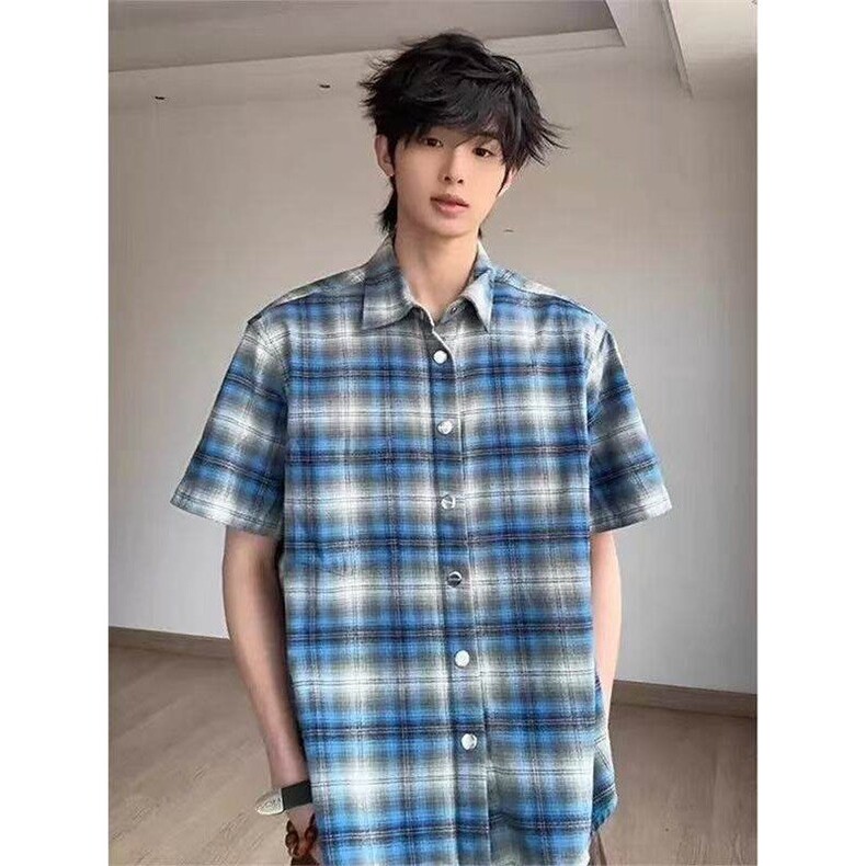 美式复古黄蓝格短袖衬衫男款夏季法兰绒格纹衬衣外套薄款图片