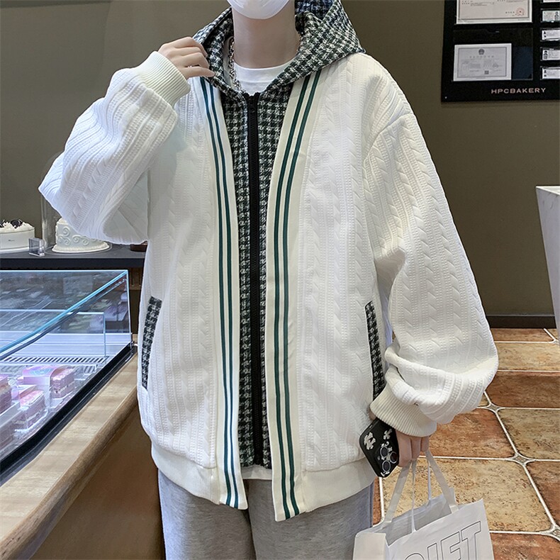 假两件外套男秋冬季潮流格子拼接夹克华夫格休闲衣服JK07356-P58,男装夹克,星座308B-1