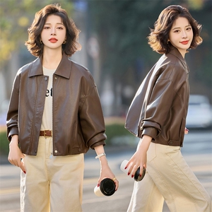 翻领短款皮衣外套女2025春秋新款宽松机车服休闲复古PU皮夹克上衣图片