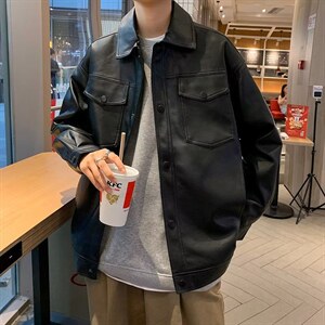 男秋季外套潮牌街头机车黑色皮衣A109P60