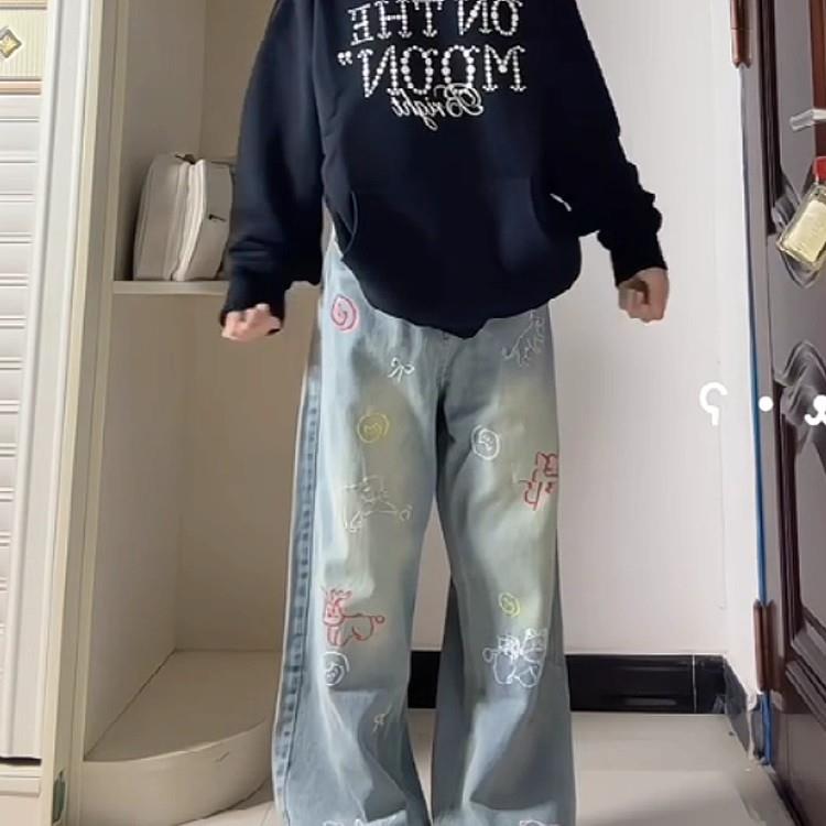 工装卡通印花牛仔裤男女款秋冬美式高街设计感裤子直筒弯刀微喇裤,男装牛仔裤,四季星座505