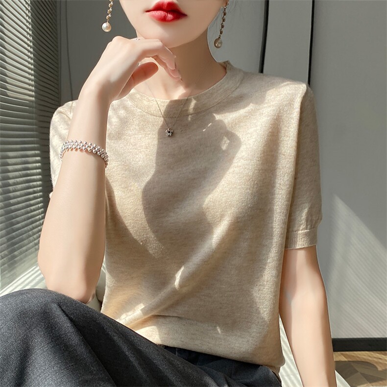 短袖t恤女2024年夏季新款针织衫短款修身显瘦内搭打底衫,女装T恤,皓宇羊绒